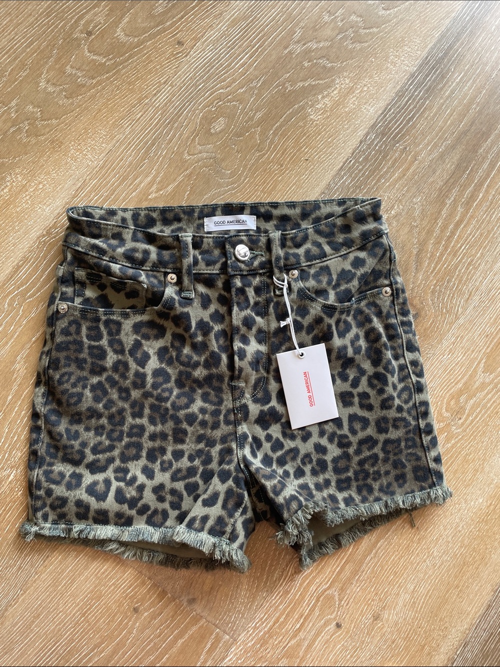 Good American Leopard-Print High-Rise Denim Shorts - Olive/Brown